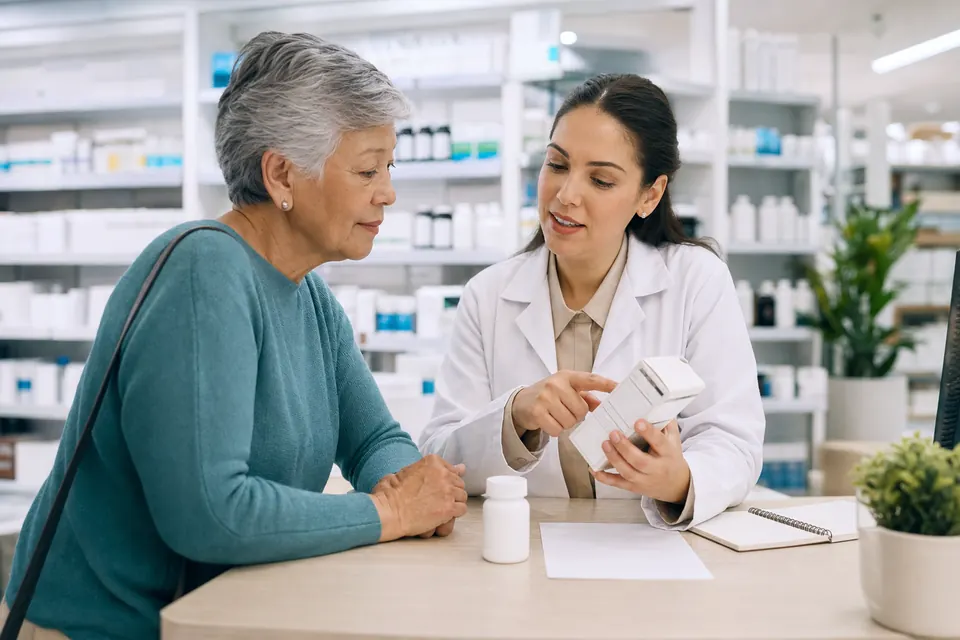 Older adult and pharmacist reviewing an unbranded supplement label together at a pharmacy counter