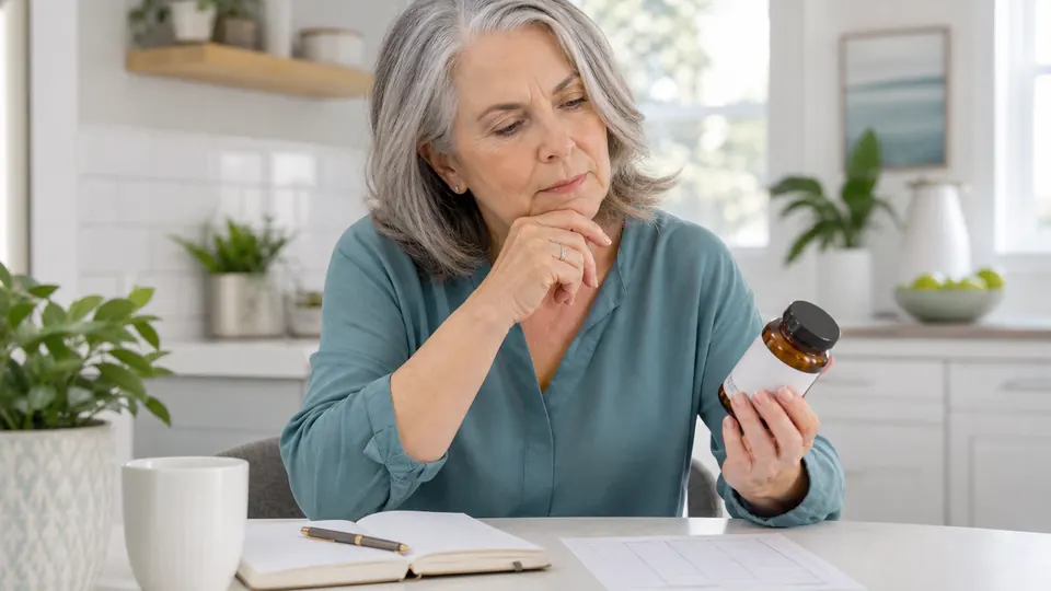 Woman in her sixties carefully reviewing an unbranded NAD-related supplement bottle and medication list
