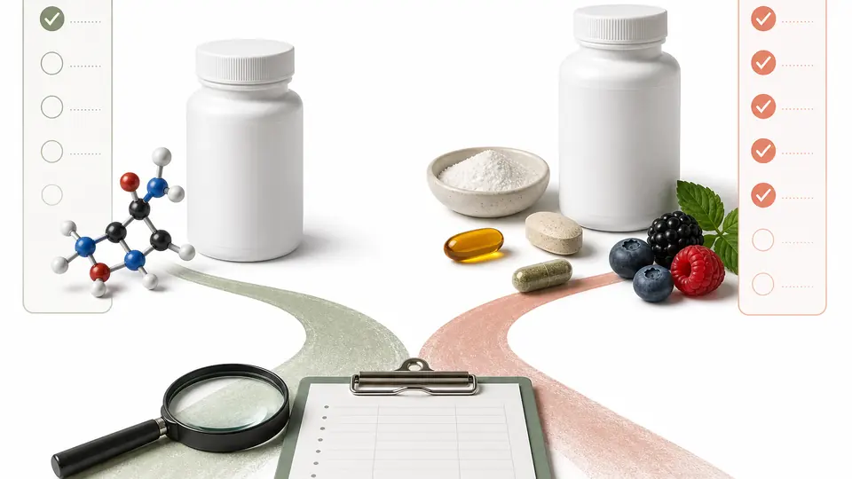 Visual decision path contrasting a focused NAD supplement with a broad mitochondrial support formula and safety checklist