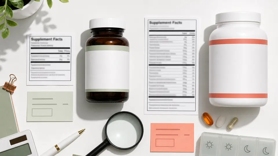 Overhead comparison of simple and multi-ingredient supplement labels with calculator and magnifying glass