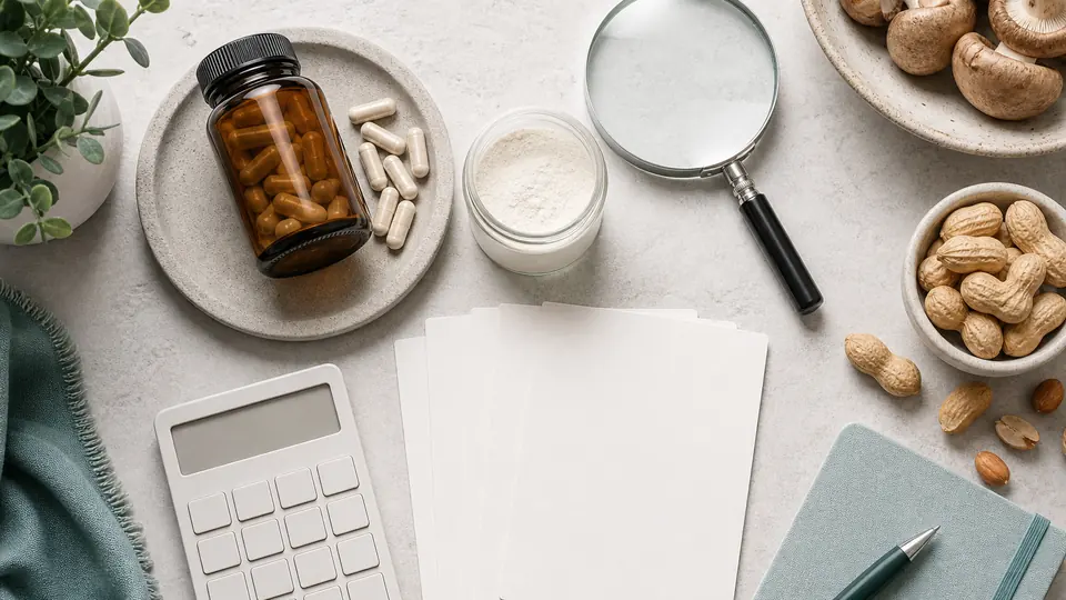 Unbranded capsules, powder, magnifying glass, calculator, mushrooms, and peanuts arranged for a supplement label comparison