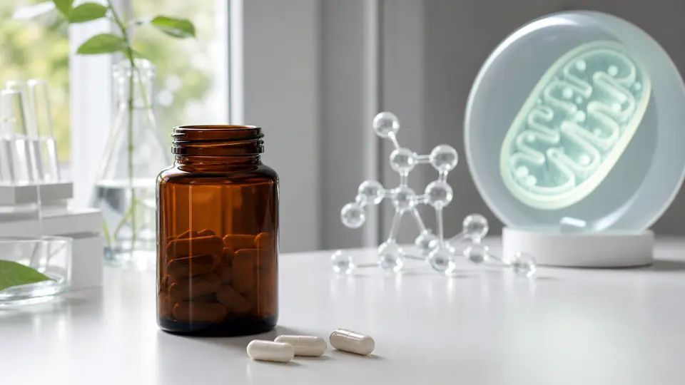 Unbranded niacinamide capsules beside a molecular model and a mitochondrion display