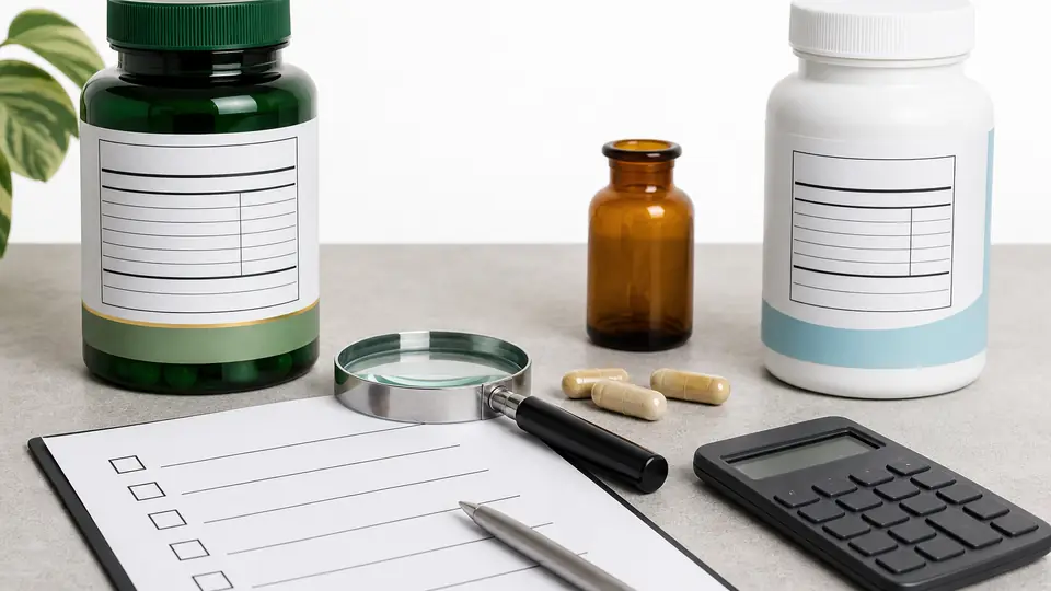 Two unbranded supplement bottles with blank facts panels beside a magnifying glass, checklist, capsules, vial, and calculator