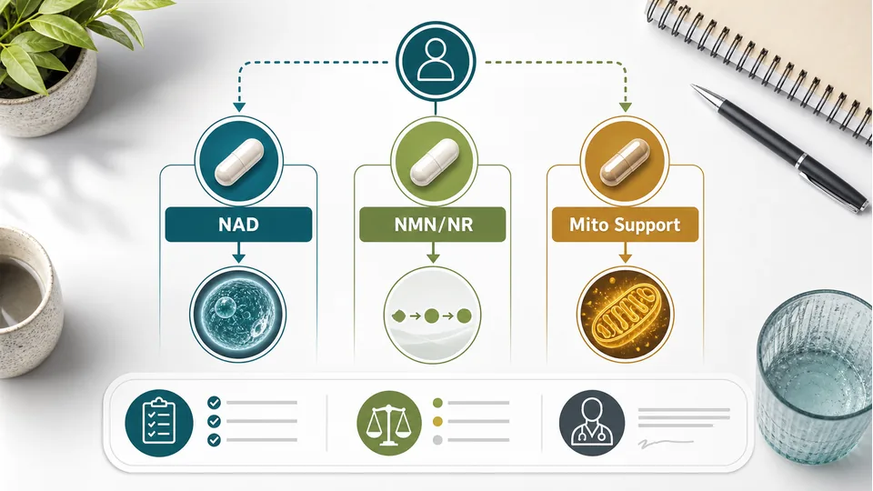 Decision-path illustration comparing direct NAD, NMN or NR precursors, and broader mitochondrial support formulas