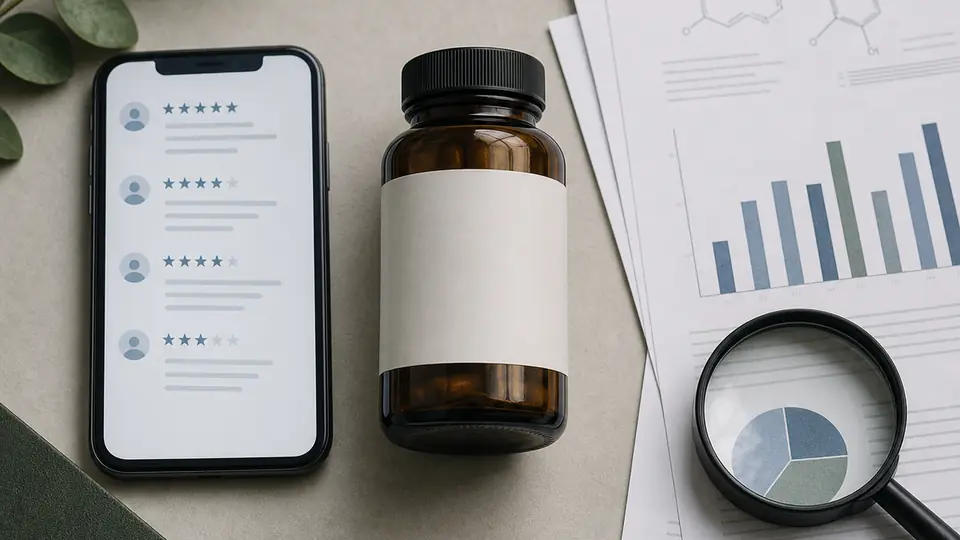 Phone with abstract customer ratings beside an unbranded supplement bottle, research charts, and a magnifying glass