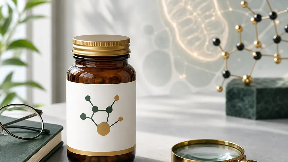 Unbranded supplement bottle, magnifying glass, notebook, and molecular models arranged for an independent NMN review
