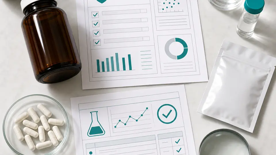 Unbranded supplement bottle, capsules, laboratory sample, and abstract quality-control documents without readable claims