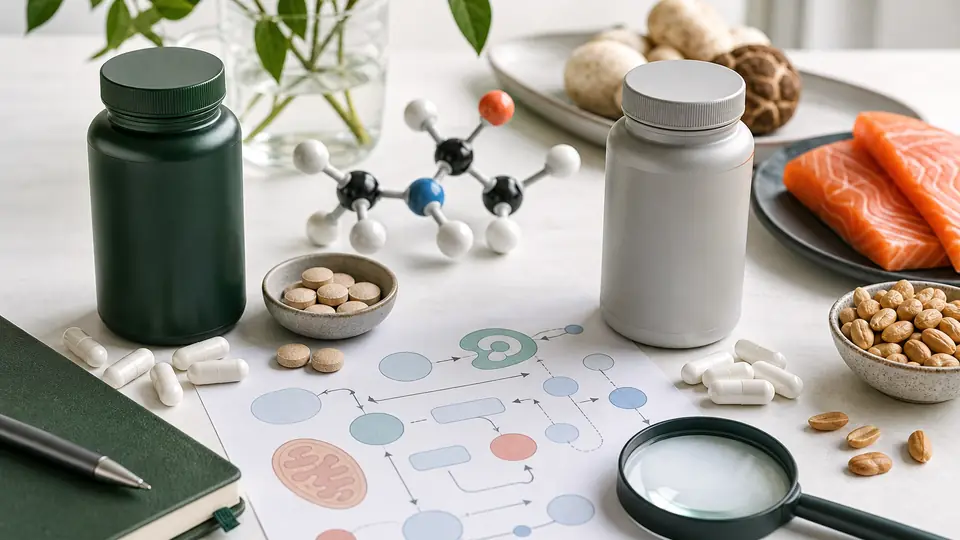 Unbranded NMN and vitamin B3 supplement bottles beside capsules, tablets, niacin-rich foods, and a metabolic pathway diagram