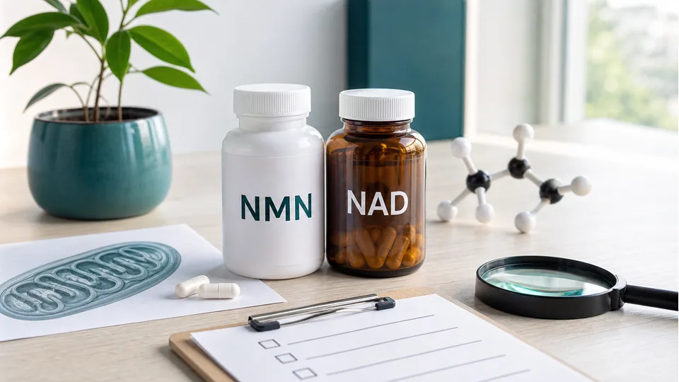 Unbranded NMN and NAD supplement bottles beside a mitochondria sketch, molecule model, magnifying glass, and buyer checklist