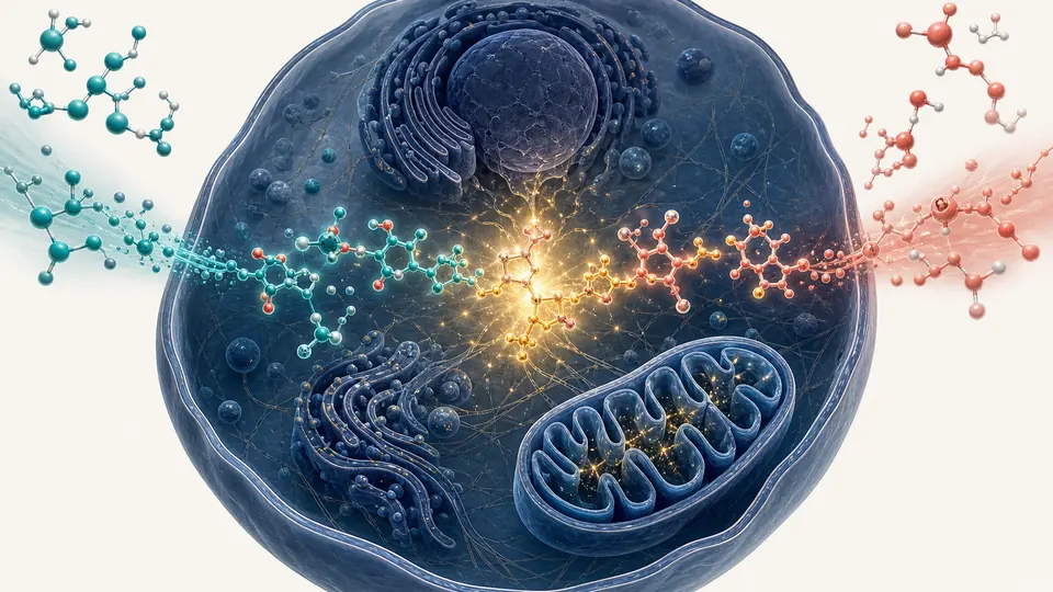 Conceptual cell illustration showing two precursor routes converging on NAD-related metabolism near a mitochondrion