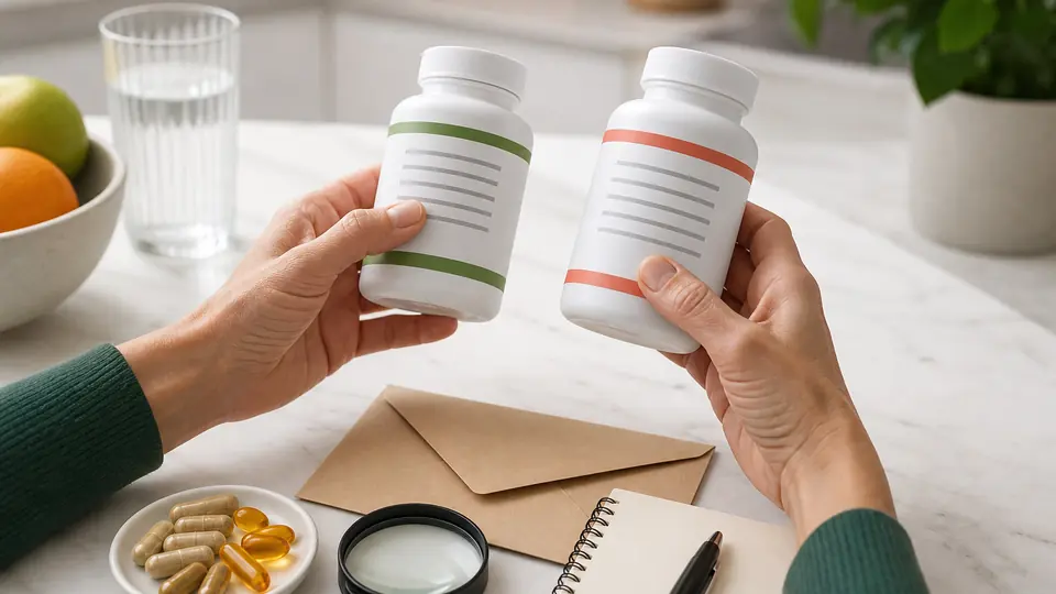 A shopper comparing two unbranded supplement bottles with a magnifying glass and blank notebook