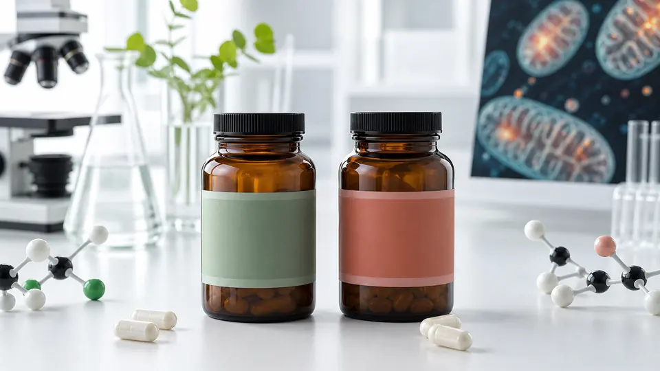 Two unbranded supplement bottles representing NR and NMN on a bright laboratory bench