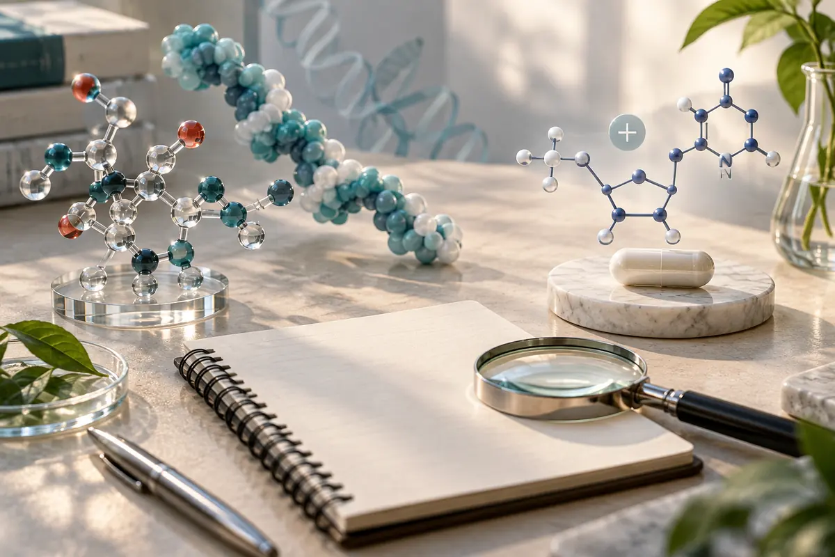 A neutral research desk with a peptide model, NMN capsules, and notes for comparing supplement evidence