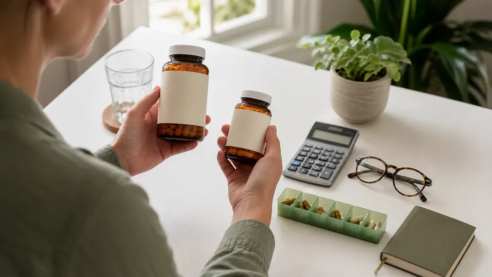 Adult comparing two blank supplement bottles beside a calculator and pill organizer