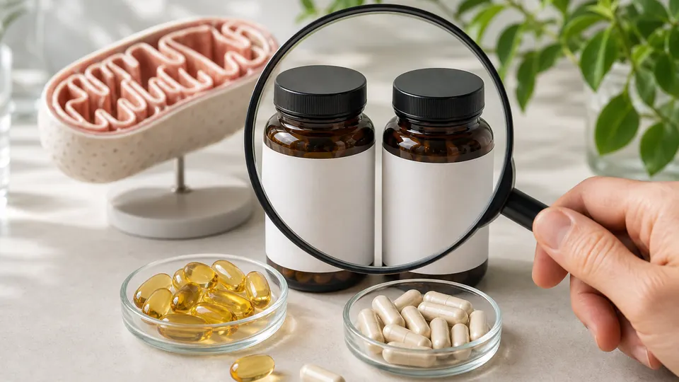 Two unbranded supplement bottles inspected beside CoQ10 softgels, capsules, and a mitochondrion model