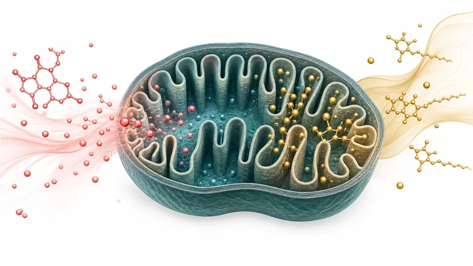 Scientific illustration of red and gold molecular pathways surrounding a mitochondrion