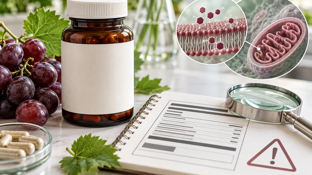 Unbranded resveratrol bottle beside grapes, a magnifying glass, and an abstract Supplement Facts panel