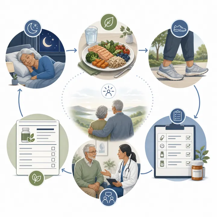 Illustrated decision path using sleep, meal, walking, medication review, clinician conversation, and supplement label checklist icons