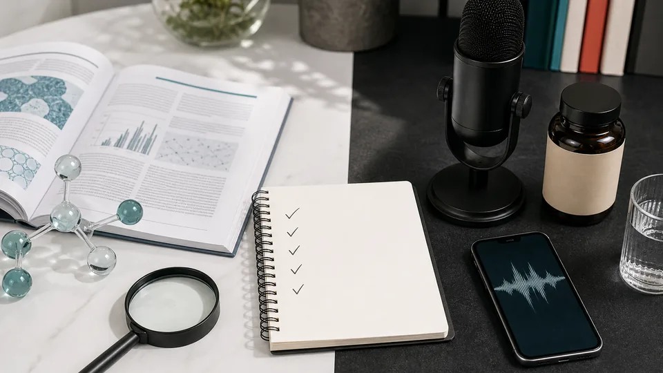 Research papers, podcast microphone, supplement bottle, and checklist representing a source audit