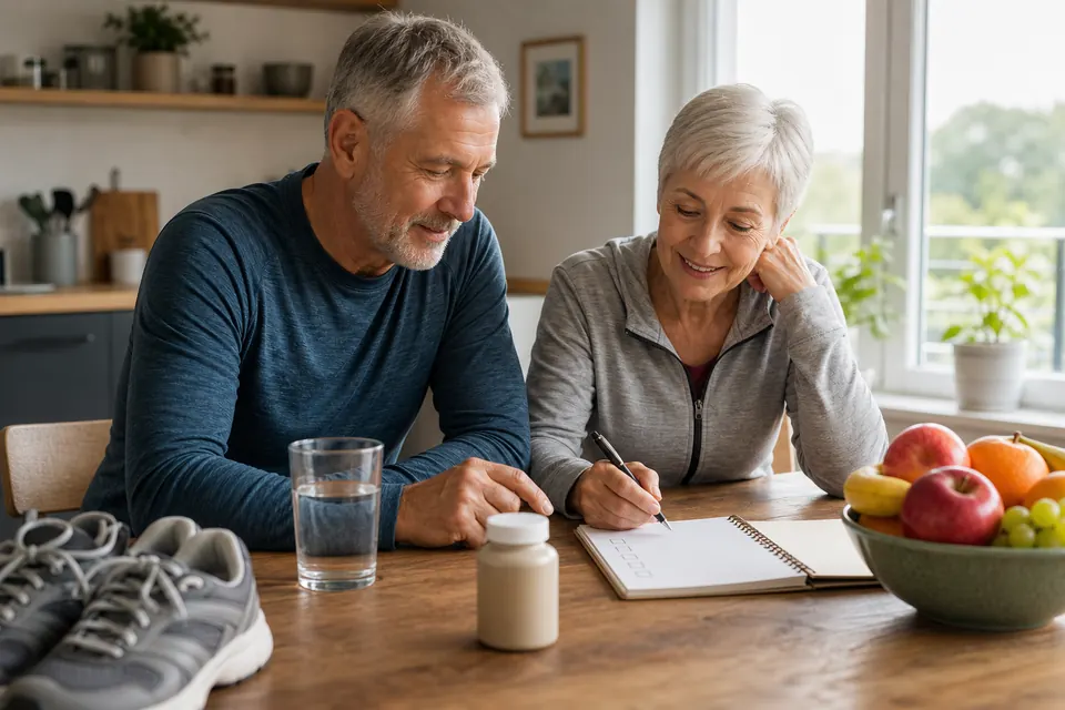 Retired couple planning a morning walk at a kitchen table with walking shoes, fruit, water, a checklist, and an unbranded supplement bottle